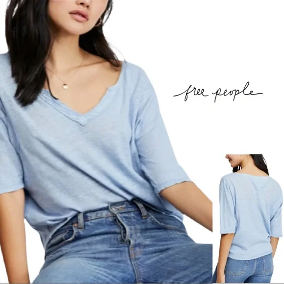NEW Free People Clouds Sky Linen Tee in Soft blue - Picture 1 of 11